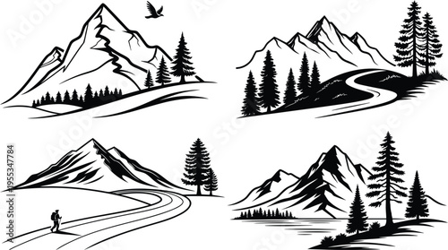 Four scenic mountain landscapes with trees and winding roads in black and white illustrations