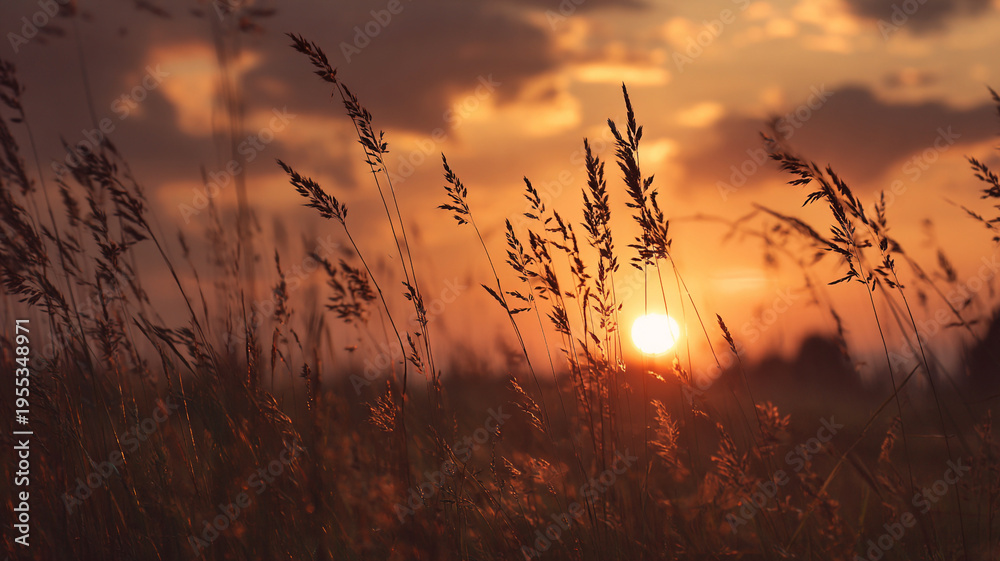 Fototapeta premium Golden sunset over quiet field.