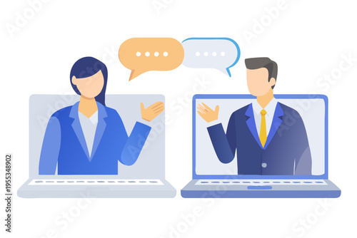 Two professionals connect and converse during a virtual meeting via laptops