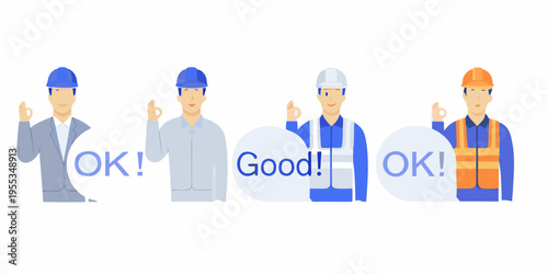 Four construction workers giving an ok gesture with speech bubbles