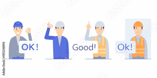 Four construction workers giving positive feedback and approval signals