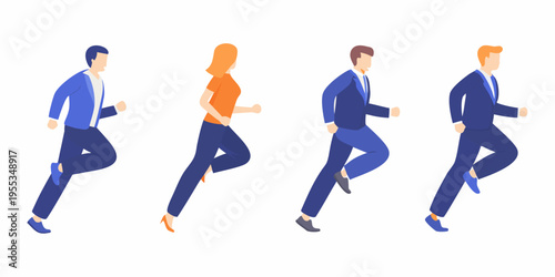 Four business people running forward in a minimalist isometric style