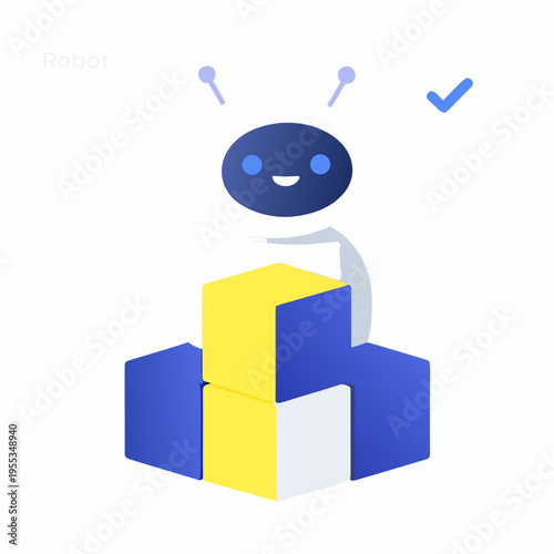 A cheerful robot character is building with colorful geometric blocks