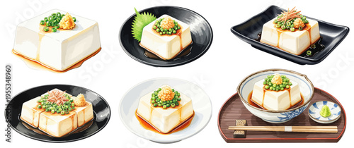 冷奴と薬味の水彩風イラストセット｜豆腐・和食・ヘルシーな日本料理 和食器