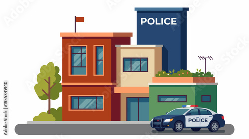 A vibrant illustration of a police station with a patrol car parked outside and lush green trees, representing community safety and reassurance in urban settings with bright colors.