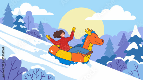 A joyful illustration of a person sledding down a snowy hill on a colorful inflatable, capturing the excitement and thrill of winter activities in a picturesque snowy landscape.