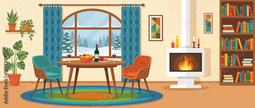A serene winter living room scene featuring a warm fireplace, a round table with wine and snacks, and large windows showing snowy weather outside, evoking feelings of comfort and relaxation.