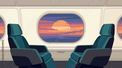 This image portrays a cozy airplane interior featuring two seats and a picturesque sunset visible through the window, conveying a sense of travel and adventure.