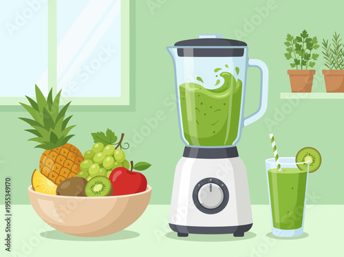 A vibrant green smoothie blender with fresh fruits, depicting a healthy lifestyle and the beauty of nutritious ingredients, promoting wellness and vitality in daily choices.