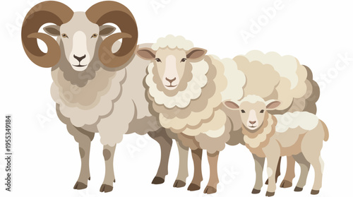 An artistic illustration of a sheep family, including a ram, ewes, and lamb, showcasing the charm of rural life and the beauty of family bonds in a serene agricultural setting.