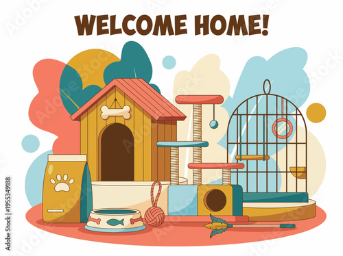 This cheerful arrangement of pet supplies includes a doghouse, toys, and food, encapsulating the welcoming essence of a loving home for pets.