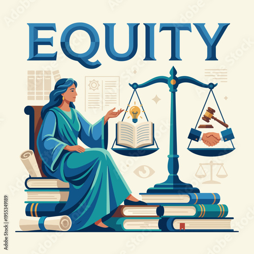 This artistic representation of equity illustrates a balanced scale with symbols like a handshake and a book, symbolizing fairness and justice in society.