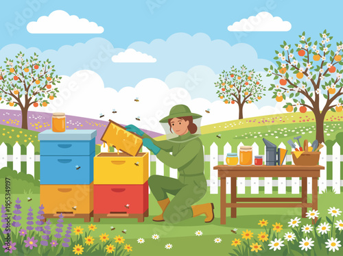 This serene image of a gardener tending to beehives captures the harmony of nature and agriculture, highlighting the importance of bees in our ecosystem.