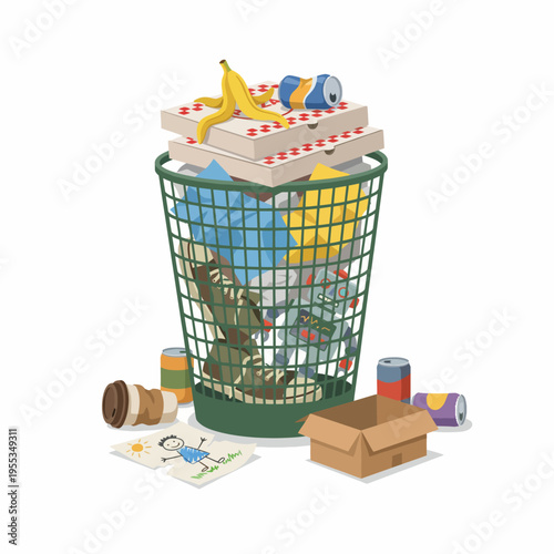 A colorful trash can filled with assorted waste items like pizza boxes and soda cans, illuminating the issue of littering and raising awareness about environmental stewardship.