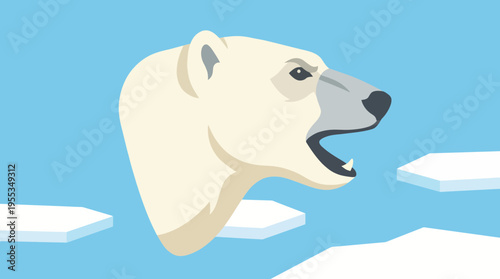 A striking illustration of a polar bear's head positioned against a bright blue background, symbolizing wildlife and the urgency of environmental conservation.