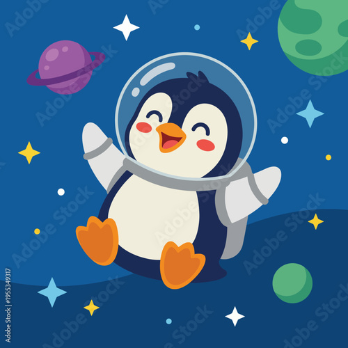 A cute cartoon penguin happily floating in space, wearing an astronaut suit and surrounded by bright, colorful planets and stars, representing joy and adventure in the cosmos.
