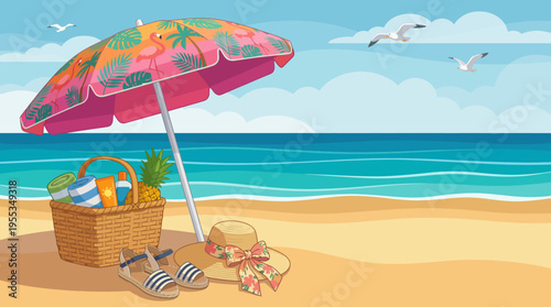 A relaxing beach scene displaying an umbrella, a basket of summer delights, and footwear, evoking the joys of vacation and leisure by the seaside.