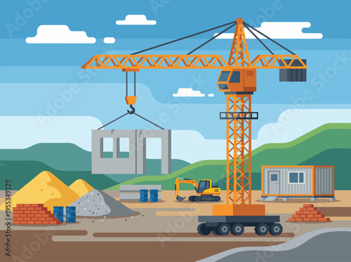An active construction site featuring a crane lifting materials, highlighting the process of building with earthmovers, bricks, and sand, representing industrial progress.