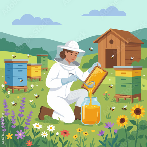 A beekeeper in white protective gear is calmly extracting honey from a hive, surrounded by beautiful flowers and buzzing bees in a lush green field.