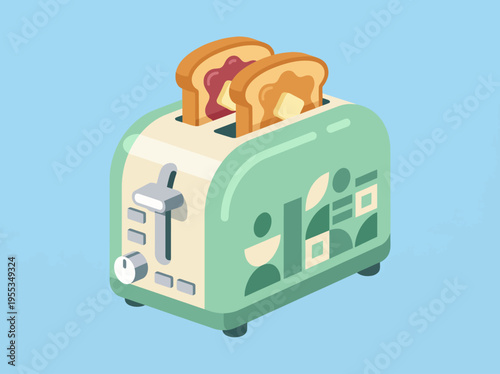 A stylish, vintage toaster with two slices of toast popping up, symbolizing comfort, warmth, and the delightful moments of breakfast in a cheerful kitchen atmosphere.