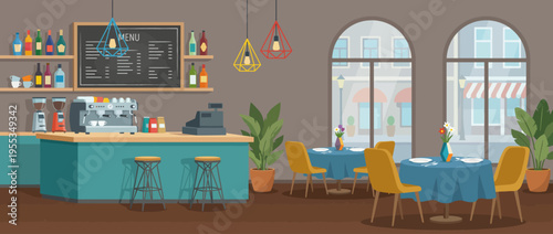 A stylish café interior featuring a vibrant coffee bar, comfortable seating, and an inviting atmosphere created by decorative lighting and colorful displays.