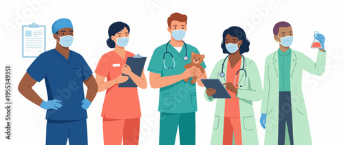 This illustration portrays a diverse group of healthcare professionals in masks and medical attire, representing dedication and care in the healthcare and veterinary fields for all ages.