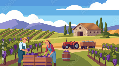 A beautiful depiction of vineyard workers harvest grapes under a bright sky, showcasing the lush green hills and farm buildings typical of agricultural life.
