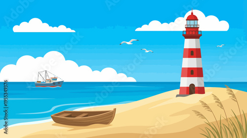 A serene coastal scene showcasing a red and white striped lighthouse beside a calm beach with a boat in the distance, evoking peace and nautical beauty.