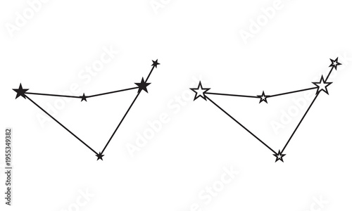 Minimalist constellation line drawing with stars icon. Simple black and white constellation diagrams with connected stars, showing abstract night sky patterns in a clean minimalist design.