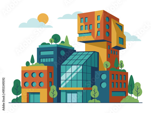 A vibrant and colorful depiction of modern architecture integrated with nature, showcasing creativity and innovation in urban design with geometric structures and trees.