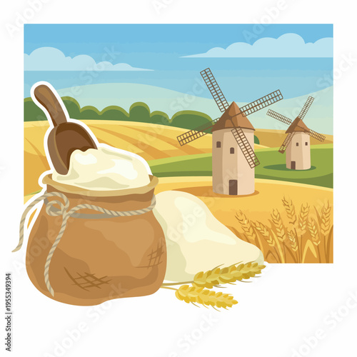 A serene landscape featuring a sack of flour, wheat, and windmills, representing agriculture, nature, and the essential role of farming in food production and sustainability.