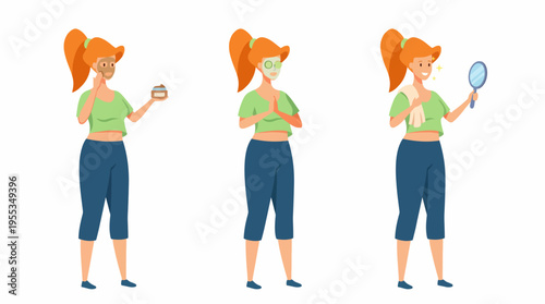 A cheerful woman illustrates her skincare routine through three distinct steps, promoting self-care, wellness, and personal grooming as central to beauty and self-confidence.