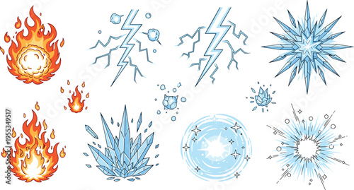 Elemental magic effects set with fire explosion lightning ice blast energy spells fantasy game assets vector illustration collection
