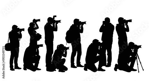Group of Professional Photographers Silhouettes Isolated on White