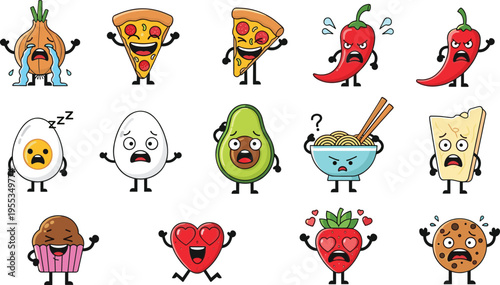 Funny emotional food characters set with pizza chili egg avocado ramen dessert expressive cartoon mascot vector illustration collection