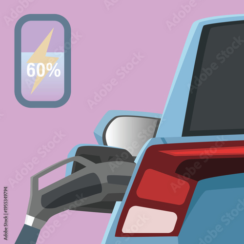 Rear side car with digital battery status indicator showing 60% charge. Icon includes yellow lightning bolt over a teal gradient liquid level set against a soft pale pink background. 