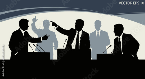 Political Debate Silhouette Illustration with Candidates and Moderators