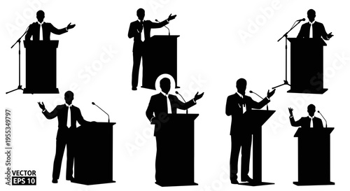 Set of Silhouettes of Speakers at Lecterns