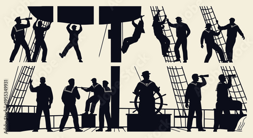 Set of Sailor Silhouettes on a Vintage Sailing Ship