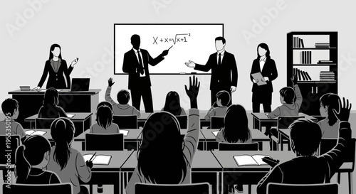 Classroom Scene with Teachers and Students in Silhouette Style