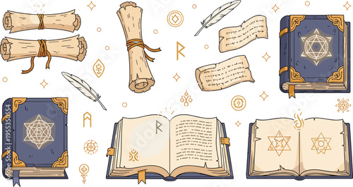 Magic spell book and scroll set with ancient manuscript feather quill runes fantasy wizard vector illustration collection