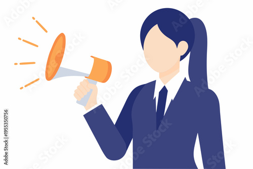 A businesswoman speaks into an orange megaphone making an announcement