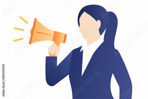 A woman in a suit speaks into a bright orange megaphone
