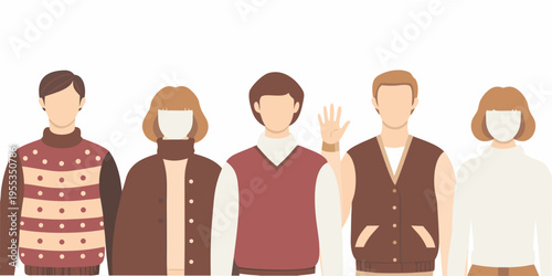 A group of five stylized people standing closely together in autumn attire