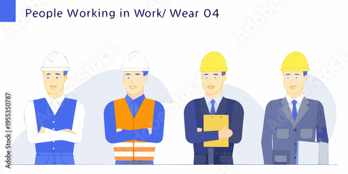 Four construction workers illustrated with varying workwear and safety helmets