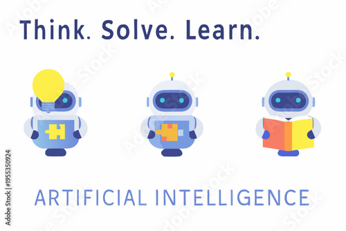 Three robots represent thinking problem solving and learning concepts