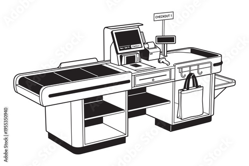 Supermarket checkout counter with conveyor belt and point of sale equipment for retail stores and