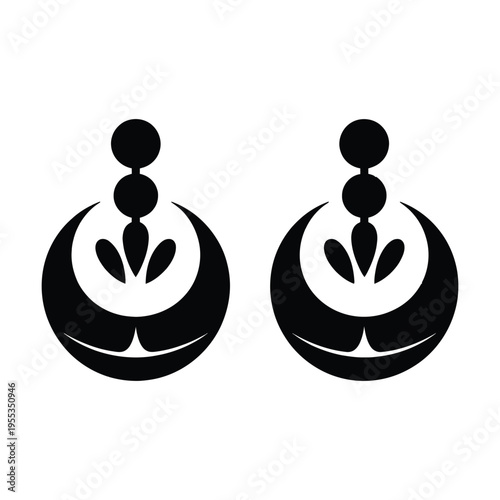 A pair of decorative black earrings with a crescent moon design and rounded geometric accents isolated on white background, Vector, illustration