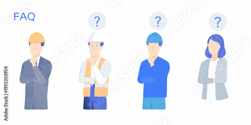 Diverse group of professionals and construction workers illustrated in a row