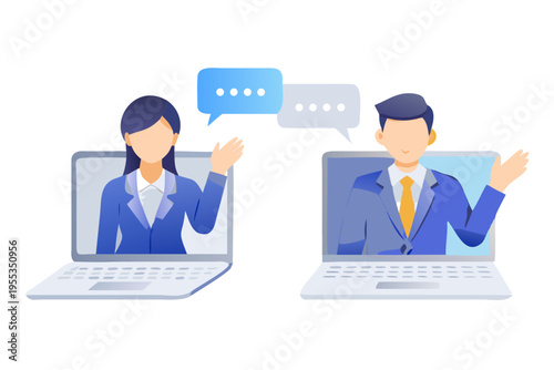 Two professionals connecting during a virtual meeting on their laptops